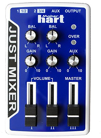 JUST MIXER Audio/DJ Mixer - Battery/USB Powered Portable Pocket Audio Mixer w/ 3 Stereo Channels (3.5mm) Plus On/Off Switch (Blue)