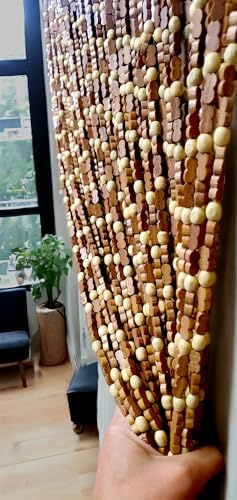 BeadedString Natural Wood and Bamboo Beaded Curtain-45 Strands-77 in High-Plain Design-Bamboo and Wooden Doorway Beads-Boho Bohemian Curtain-35.5 W x 77 H-SunshineBr