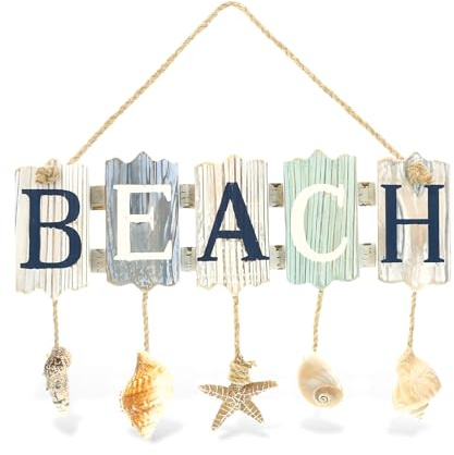 CoTa Global Aquarius Beach Shells Sign Nautical Wall Accent- Nautical Themed Wood Accent, Beach Decor for Wall, Novelty Hanging Beach Shells with Hanging Rope Wooden Figure, Coastal Wall Decor Sign