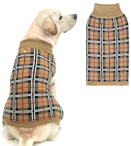 PUPTECK Dog Sweaters for Large Medium Small Dogs - Fall Classic Plaid Style Puppy Holiday Winter Coat Clothes Warm