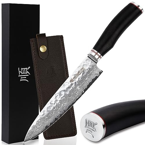 YOUSUNLONG Cuchillo de Chef - Cuchillos de cocinero Profesionales 203mm - Acero Inoxidable Damasco Alto Carbono - Hoja Afilada - Mango de Ébano Natural con Cuero - Para Cortar Carnes y Verduras