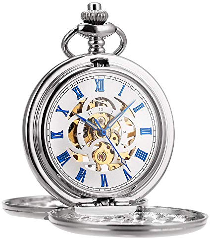 ManChDa Taschenuhr Unisex Taschenuhr mit Kette Analog Handaufzug Doppelscharnier Antik Graviert Römische Silber
