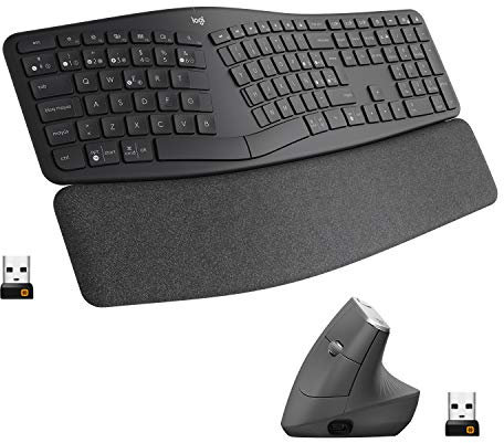 Logitech MX Vertical Ratón Inalámbrico Ergonómico, Multi-Ordenador + Ergo K860, Teclado ergonómico inalámbrico con distribución de Teclado Partido