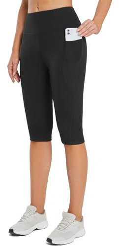 BALEAF Leggings Capri dam knälånga yogabyxor hög midja sommarbyxor korta med fickor för yoga sport löpning träning cykling sommar, svart, S