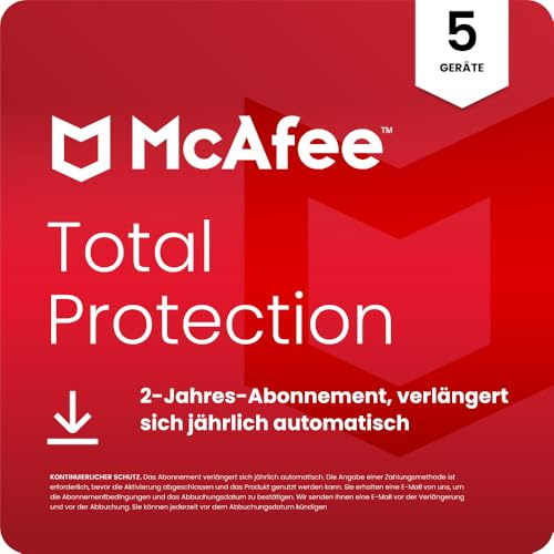 McAfee Total Protection 2026 (5 Geräte) | Virenschutz, VPN, Betrugsschutz, Sicherheitssoftware, Identitätsüberwachung | 2-Jahres-Abonnement mit automatischer Verlängerung | Download