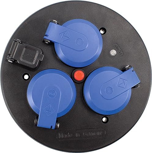 as - Schwabe 3-fach-Steckdoseneinsatz für Kabeltrommeln 230V/16A, mit Klappdeckel blau, abgesichert durch Thermoschutzschalter, mit USB-Ausgang 5V/1A, IP54, Schwarz, 11585