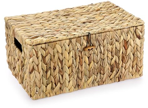 OGANAZI Natural Water Hyacinth Wicker Boxes, Woven Wicker Storage Baskets with Lids, Shelf Baskets Storage for Bathroom Bedroom Kitchen Office, 36 * 24 * 18cm (Large)