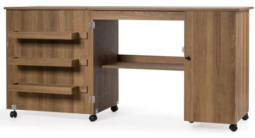LIFEZEAL 3 in 1 Nähmaschinenschrank, Klappbarer Nähtisch auf 6 Rollen, Mobiler Nähschrank mit Ablage & 3 Regale, Computertisch für Zuhause&Büro, 158,5 x 50 x 74 cm (Braun)