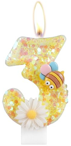Velas de cumpleaños de flores, velas número 3 con abeja para pastel, decoraciones de 3 cumpleaños para niñas, velas de cumpleaños con purpurina amarilla, velas de pastel de abeja para decoración de