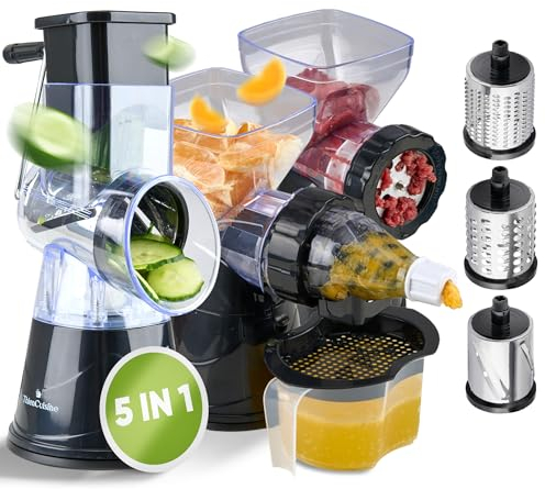 ThienCuisine Käsereibe mit Kurbel, 5 in 1 Set, Trommelreibe, Entsafter, Fleischwolf, Gemüsehobel Reibe, perfekt für Parmesan, Kartoffeln, Semmelbrösel, Gurken, Karotten, zähes Fleisch, Nüsse
