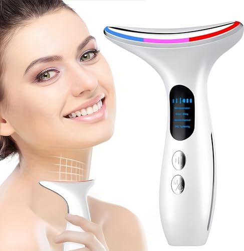 WYFCR 4 in 1 Masajeador Cara Cuello Antiarrugas, Cuatro métodos de iluminación，Masajeador Facial Reafirmante Mujer con Calor Lifting para Aclarar Líneas dispositivo de elevación facial(Blanco)