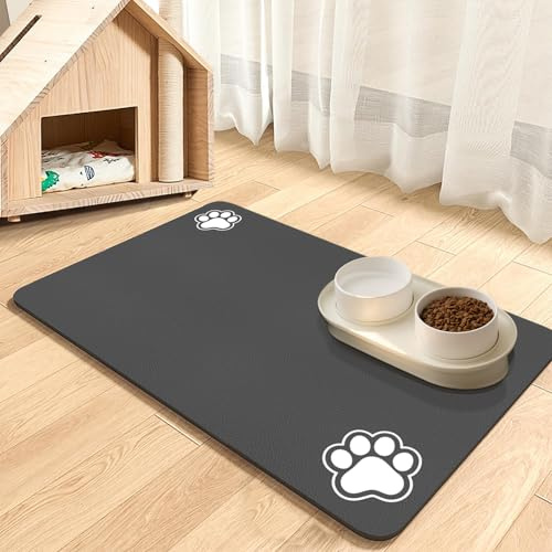 Tappetino per l'alimentazione degli animali domestici, tappetino per zampe fangose ​​per gatti e cani, tappetini super assorbenti per ciotole di cibo (Dark Grey-2 Paws, 40 x 60 cm)