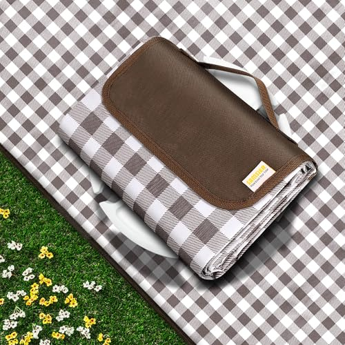 SAMSIER Outdoor Picnic Blankets Waterproof Foldable Sandproof, Large Gingham Cute Picnic Mat Washable Portable for Park Beach Camping Courtyard (Brown, 200 x 200cm/80×80)