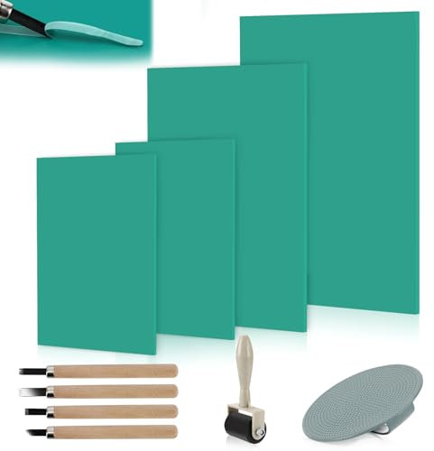 Pavlleen Linoldruck Set 10 Stück Grüne Weichgummi-Platten A4+A5+A6 Größen Stempelgummi Schnitzblöcke für Druckgrafik, Linolschnitt, DIY, Kunsthandwerk Sicher & Präzises Drucken Linoleum Platten