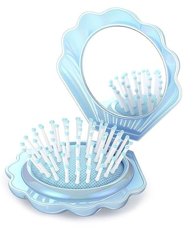Muorruo Mini spazzola da viaggio pieghevole con specchio a conchiglia, specchio per trucco tascabile, pettine per capelli compatto, spazzola per acconciature da donna, regalo per feste nuziali