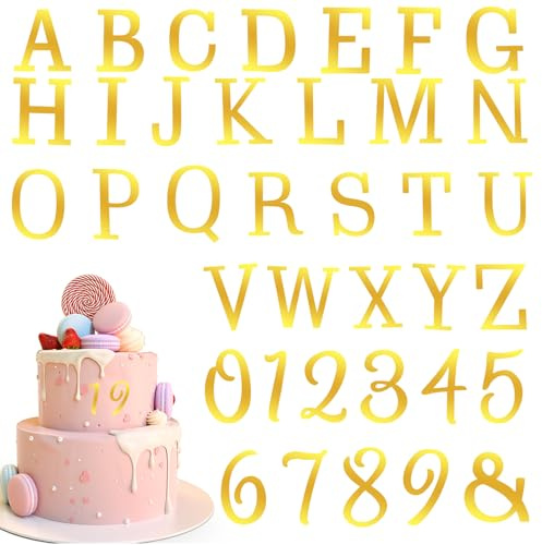 XLIUAX Lot de 37 lettres dorées en acrylique pour gâteau avec lettres de A à Z personnalisées pour décoration de gâteaux de 0 à 9 pour mariage, anniversaire de mariage, fête prénatale