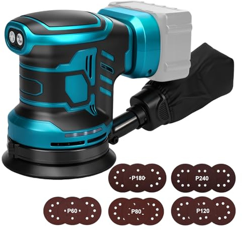 Ponceuse Excentrique pour Makita 18 V batterie, 125mm, 3 vitesses, Ponceuse orbitale 7000-11000 tr/min, Livrée avec 15 Disques Abrasifs, idéale pour le travail du bois professionnel