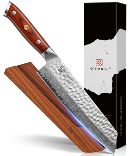 KEEMAKE Kiritsuke Chef Knife, 8 Inch Damascus Japanese Kitchen Knife with Ergonomic Pakkawood Handle, Ultra Sharp Non-Slip Cooking Knife with Ash Sheath