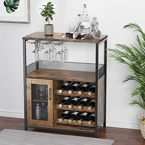 GarveeHome Gabinete para vino, Bar Industrial 92x35x70 cm, Estantería ajustable con soporte para copas, Gabinete de vino para cocina, comedor, sala de estar, muebles para cafetería - A