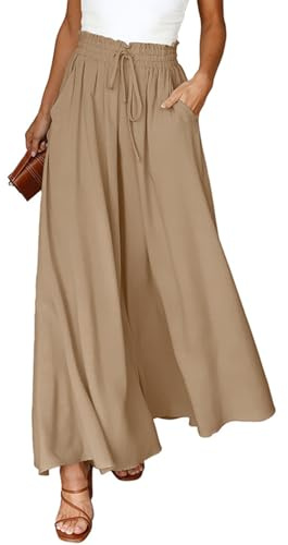 CMTOP Pantalon Femme Elegant Fluide Eté Elastique Taille Haute Pantalons Décontracté Léger Pantalon à Jambes Larges Le Travail and Le Bureau avec Poches (Kaki, L)