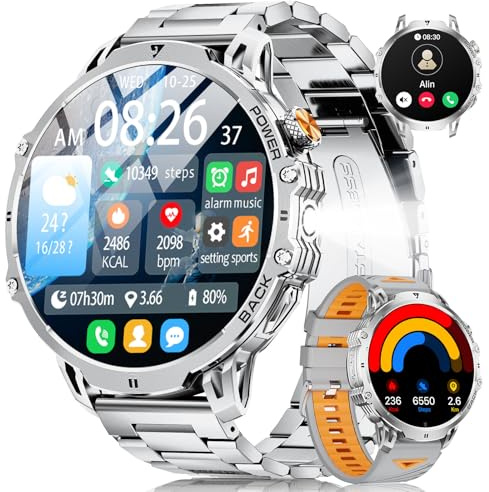 DREMAC Smartwatch Herren Militär-1.85'' HD Große Display/1000mAh Akku,Smartwatch mit Taschenlampe/110+ Sportmodi,IP68 Wasserdicht Fitness Tracker mit Puls/Schlafmonitor,Android iOS,2 Banders,Silber