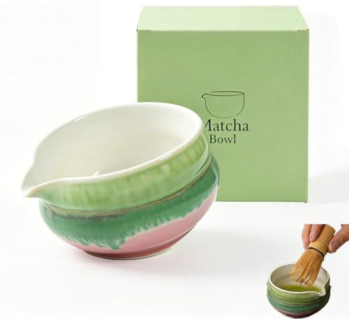 Cloxtralon Ciotola per matcha in ceramica con beccuccio, fatta a mano in porcellana smaltata ad acquerello tradizionale giapponese, confezione regalo inclusa per frustare il matcha rosa verde