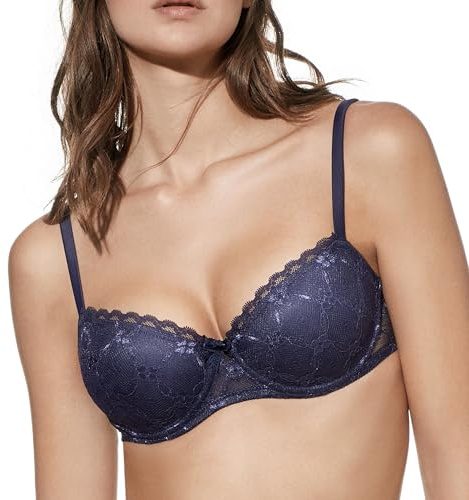 Selene, Reggiseno Donna a Balconcino, con Ferretto e Coppe Push-Up in Pizzo Floreale, Collezione Brigitte, Colore Nero, Taglia 4B