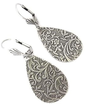 Art Nouveau Design Earrings Tear Drop Bohemian Boho Style Antiqued Silver-tone