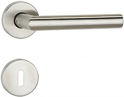 Zimmertürgarnitur Gehrungsform PS-TEC 02, Rundrosetten, BB gelochtEdelstahl matt, TS 36-45 mm, Vierkant 8 mm