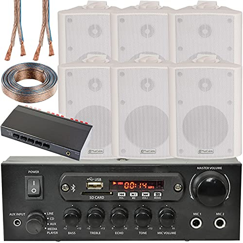 3 ZONE BLUETOOTH MUSIC KIT - 6x 70W 4” White Wall Mounted Speaker 110W Stereo Amplifier & Speaker Splitter Cable - ECHO ALEXA SPOTIFY - Wireless HiFi Audio System