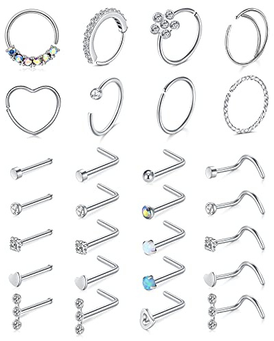 Mayhoop 20g Nose Rings Hoops And Studs For Women Men - Hypoallergenic 316L Surgical Stainless Steel L Shape Nose Screw Bone Silver Rose Gold Black Rainbow Pack 28Pcs
