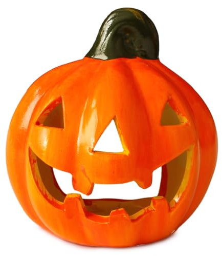 Kürbis-Deko als Keramik Halloween-Deko in 10x12 cm - Jack Lantern Halloween-Kürbis als Outdoor Grusel-Deko für LED Teelichter- Kürbis Laterne als innen Herbst-Deko oder Garten-Deko Windlicht