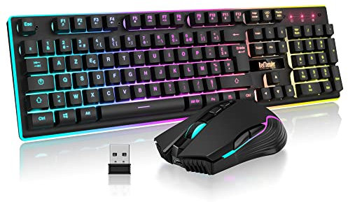 RedThunder K10 Ensemble Clavier et Souris Gaming sans Fil, AZERTY FRANÇAIS, Rétroéclairage LED 3800mAh Batteries Rechargeables, Clavier USB Anti-ghosting + Souris 7D 3200DPI pour PC Gamer Xbox(Noir)