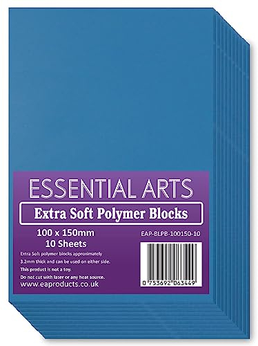 Extra weiche 100 x 150 mm doppelseitige blaue Polymerblöcke, 10 Stück – 3,2 mm superweiche Druckblätter für einfaches Linoleum-Schnitzen und Basteln – von Essential Arts