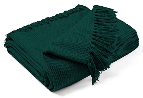 EHC Waffle Cotton Woven Super Giant Sofa Throw, Up to 4 Seater Sofa/Super King Size Bed 250 x 380 cm, Dark Green