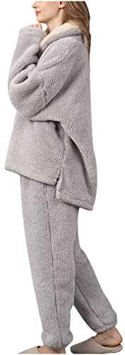 Hausanzug Damen Plüsch Teddyfleece Winter Warm Elegant Schlafanzug Frauen Teddyplüsch Zweiteilig Pyjamas Teddy Fleece Schlafanzüge Schlafanzug Für Damen, 2-Set Pyjama Mit Lange Oberteile Und Hosen
