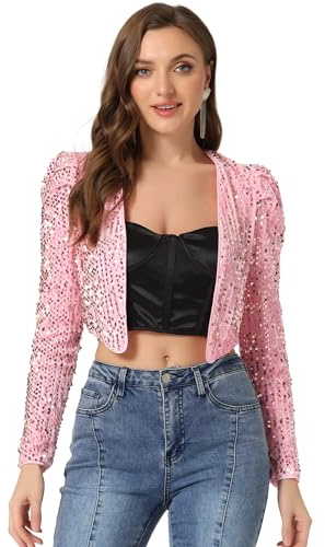 Allegra K Women's Sequin Jacket Open Front Party Clubwear Long Sleeve Cropped Bolero Shrug Jackets