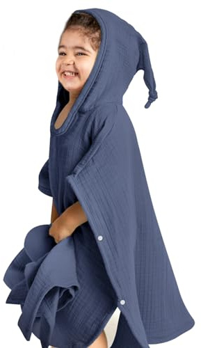 lulumoon Poncho de baño infantil con capucha para bebé, 100% muselina, algodón, toalla de bebé con capucha, poncho, toalla de baño para niños y bebés, 60 x 60 cm, (azul