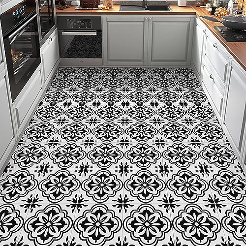 Elffloor Floor Tiles Self Adhesive Vinyl Flooring Self Adhesive Floor Tiles | Black and White Pattern 20x20cm Waterproof Stick on Bathroom Kitchen Living Room 20pcs