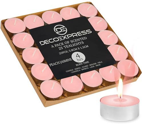 DECO EXPRESS Teelichter Großpackung, 24, 25, 50, 100 oder 200 Teelichter Lange Brenndauer 4, 8 oder 10 Stunden (Pfirsich-Jasmin 25/4 Stunden)