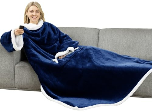 Winthome Double Warmer Wearable Blanket with Sleeves, Super Soft Sherpa Blanket for Adult Women Men (Navy Blue)