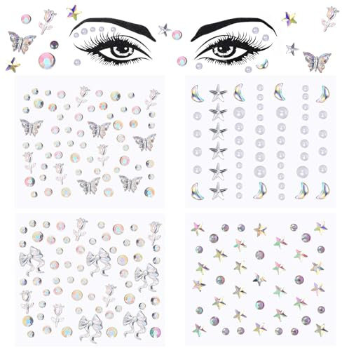 4 Blatt Strass Temporäre Tattoos Gesicht Glitzersteine Selbstklebende DIY Augenbrauen- und Augen Aufkleber für Stirn und Gesicht Klebeaufkleber Diamantaufkleber für Halloween Karneval Party