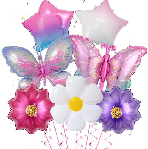Rosa Schmetterlingsthema Folienballon Deko - 7 Stück Blumen Ballon Lila Stern Ballon für Mädchen Schmetterling-Party Kinder Geburtstag