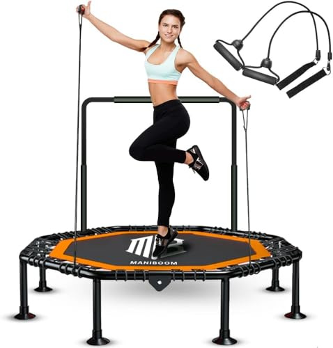 ManiBoom Trampolin Fitness Adultos Ø105cm con 2 Cintas de Resistencia y Agarre Regulable 150kg de Carga - Cama Elastica Jumping Plegable para Interior y Exterior FACIL Montaje