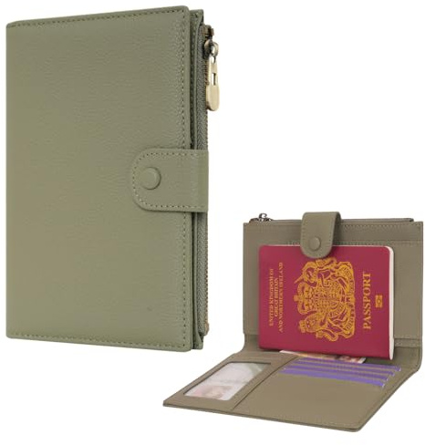 WASON Copertura del passaporto blocco RFID in pelle, Portafoglio da viaggio, passaporto tasca con cerniera per carta d'identità carta d'imbarco biglietto contanti scheda SD (Verde)