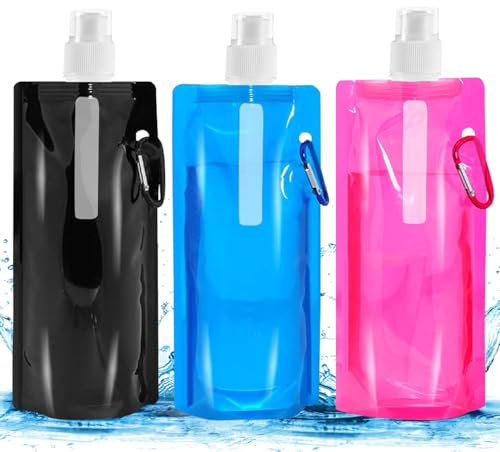 Jiahuade Faltbare Trinkflasche,3 Stück Faltbare Wasserflaschen,500ML Trinkflasche Faltbar,Tragbarer Zusammenklappbare Wassersack,Faltbare Flexible Wasserflasche für Unisex Adult