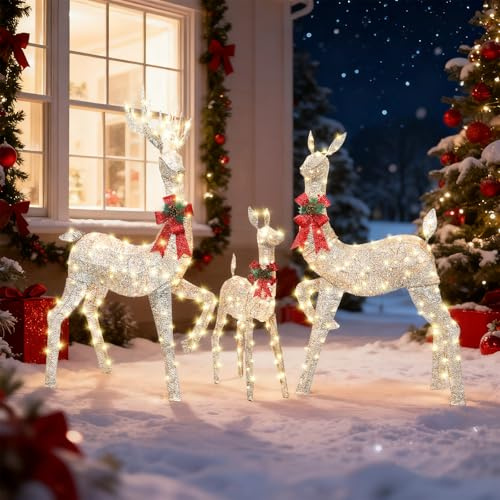 Alupssuc Lighted Christmas Decoration Deer Set of 3,Light up Christmas Decor Reindeer Family Set,1 Outlet Powers All,for Christmas Decor, Home Decor, Wedding,Champagne Gold