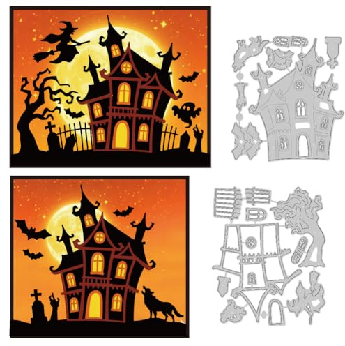 DELORIGIN Halloween Haunted House Cutting Dies for Card Making Witch Castle Die Carbon Steel Stencil Embossing Template for Halloween Cards Scrapbooking Paper Album Invitation Decor