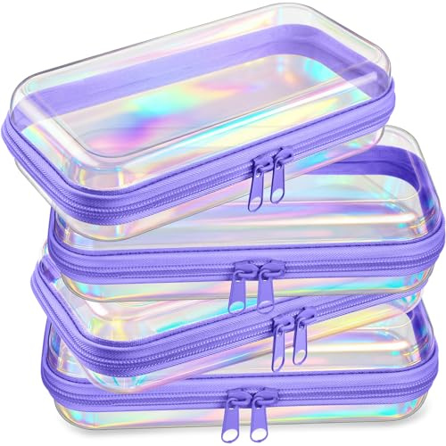 Hoolerry 4 Pcs Hard Clear Zipper Case Makeup Bags Plastic Zipper Pouch Transparent Storage Box Containers for Cosmetics, Snacks, Building Blocks, Puzzles, Purple Laser, 7.5 x 3.9 x 2 in, Transparent