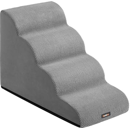 Feandrea 4-Step Dog Stairs, Waffle-Patterned Corduroy Dog Steps for Bed, Sofa, Waterproof Pet Stairs with Anti-Slip Designs, Gentle Slope, Removable Washable Cover, Handle, Dove Grey PPS014GD01